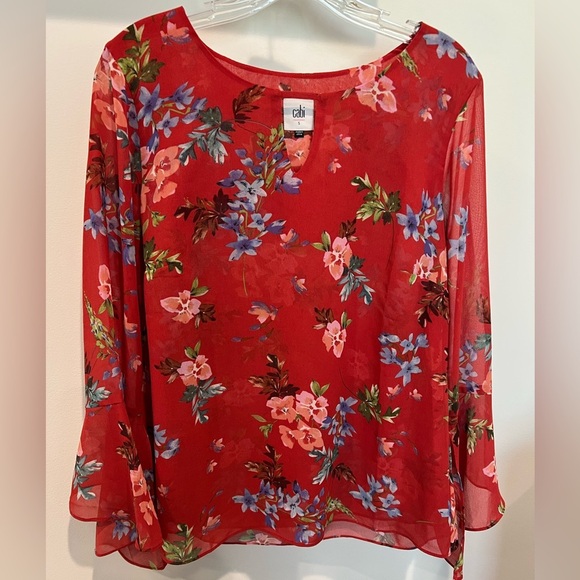 CAbi Tops - Cabi Women’s Chic Red Floral Women's Top Size Small Cut Out Neck, Bell Sleeves
